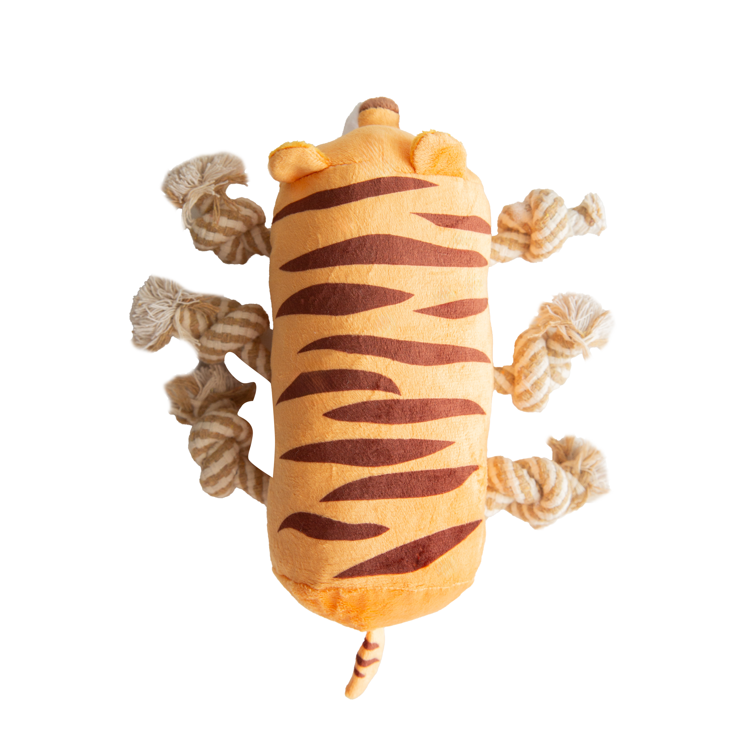 The Snugarooz Tug N’ Tiger is a plush, eco-friendly dog toy shaped like an orange tiger with rope knot legs and brown stripes—making playtime cute, sustainable, and fun.