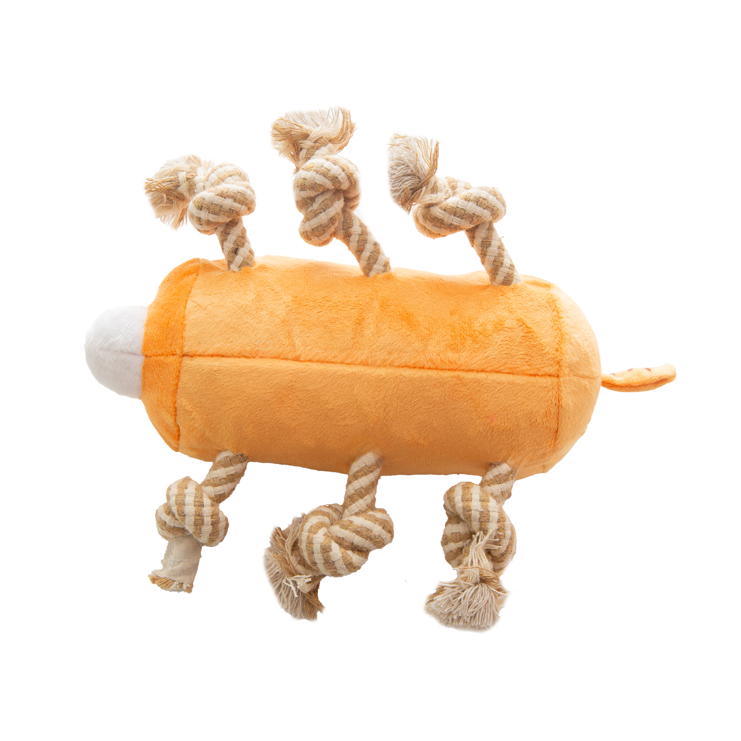 The Snugarooz Tug N’ Tiger is a plush, eco-friendly dog toy shaped like an orange tiger with rope knot legs and brown stripes—making playtime cute, sustainable, and fun.
