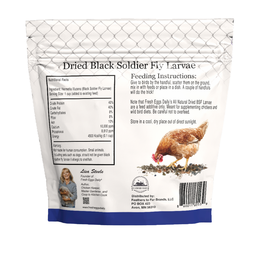 A package of Fresh Eggs Daily Shop Black Soldier Fly Carbon Neutral chicken feed shows a black and white chicken, with protein-rich dried larvae visible through a clear front window.
