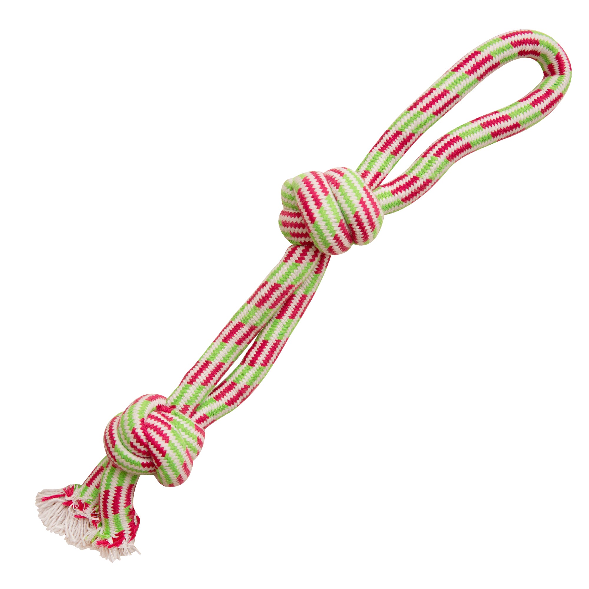 SnugArooz Fling 'N Floss dog toy; a green and red rope with a knot